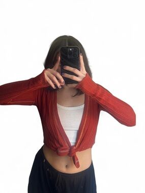 Free People Rust Red Tie-Front Ribbed V-Neck Sweater